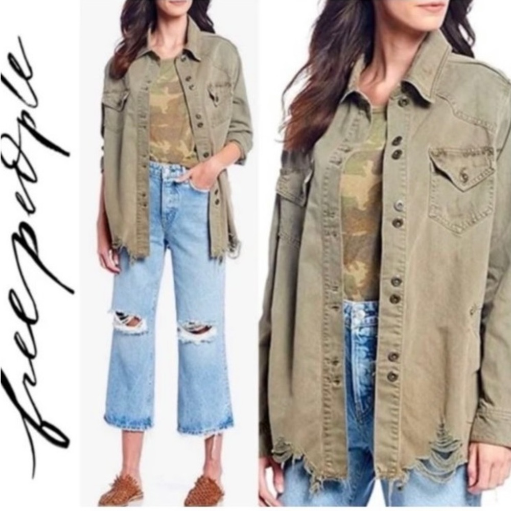 Free People Moonchild Army Green Distressed Button up Shacket - Picture 3 of 5
